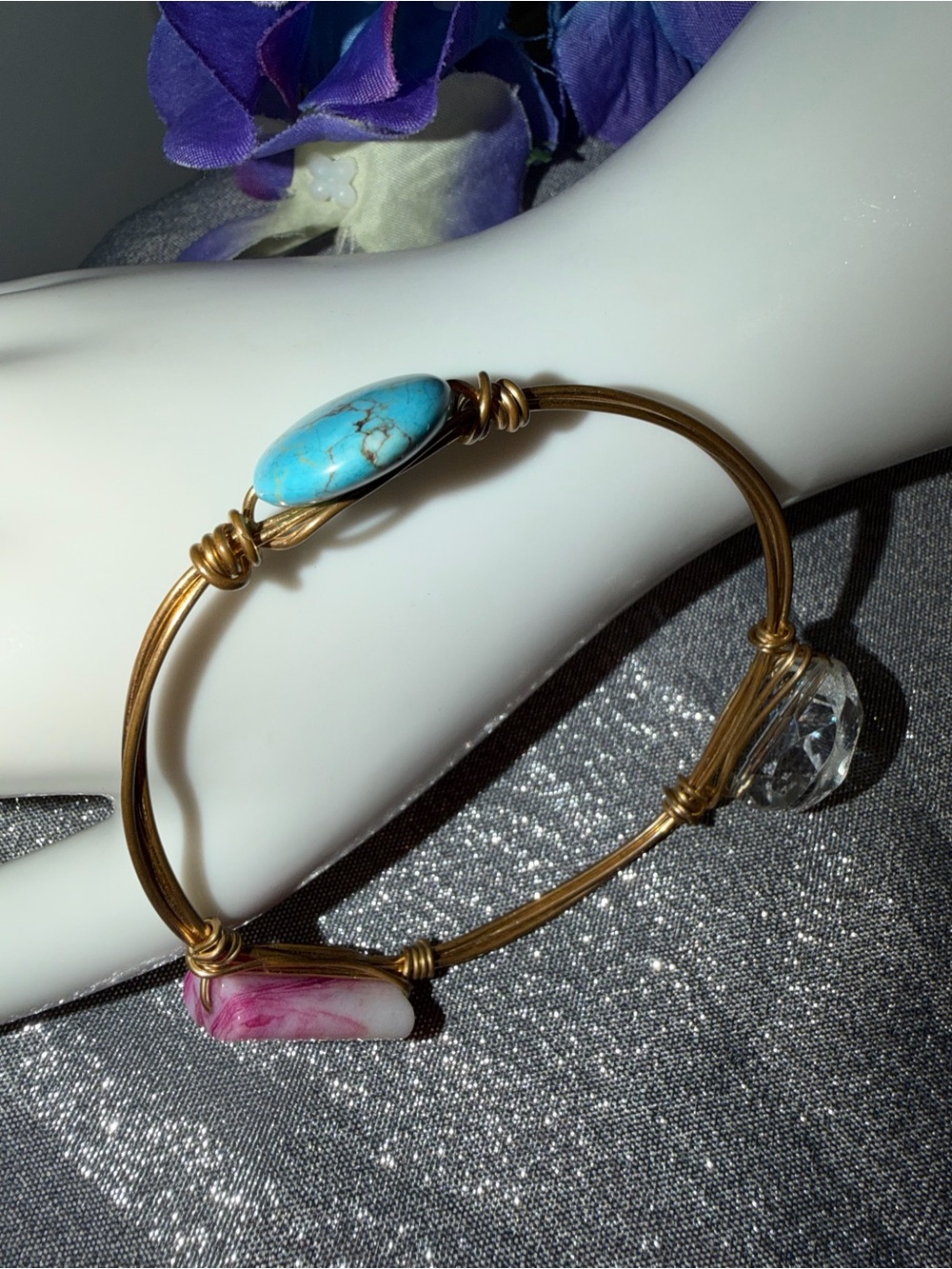 Handmade Wire Wrapped Bangle Turquoise Pink Agate Crystal Style